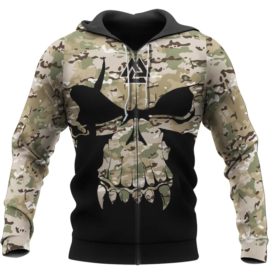 Viking Hoodie – Skull Hoodie With Camouflage Pattern, Skull Warrior And Valknut Symbol Viking Hoodie – Skull Hoodie With Camouflage Pattern, Skull Warrior And Valknut Symbol