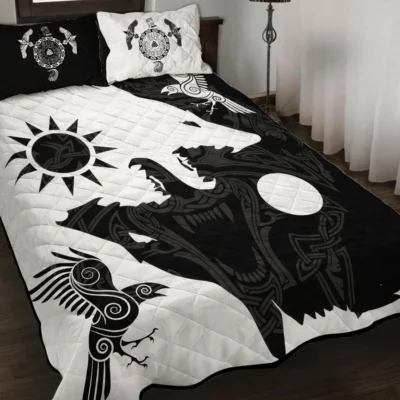 Viking Quilt Bedding Set - Norse Wolf Art Epic Night Style