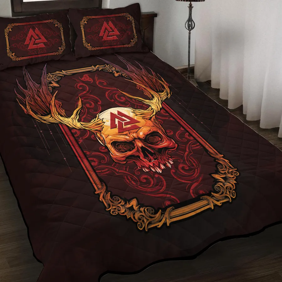 Viking Quilt Bedding Set – Abstract Red Viking Skull Art Bold Design Viking Quilt Bedding Set – Abstract Red Viking Skull Art Bold Design
