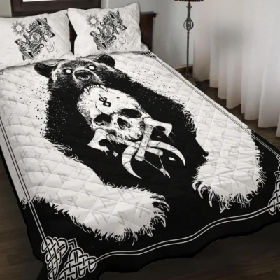 Viking Quilt Bedding Set – Bear Skull Berserker Art Savage Legacy