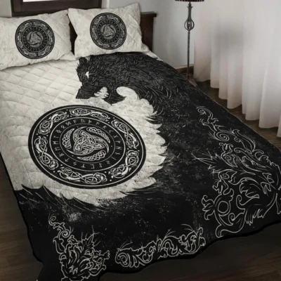 Viking Quilt Bedding Set – Black Viking Wolf Symbol Fierce Power