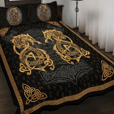 Viking Quilt Bedding Set – Celtic Norse Wolf Art Primal Heritage