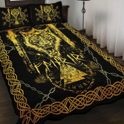 Viking Quilt Bedding Set – Fenrir Symbol Valknut Eternal Strength