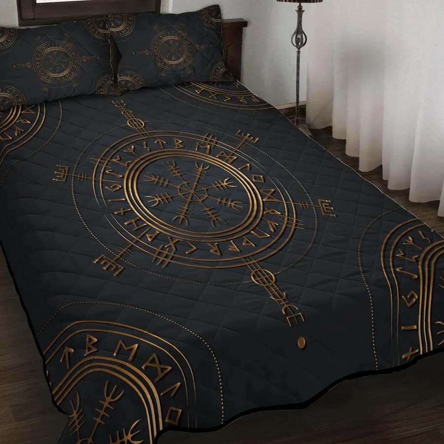 Viking Quilt Bedding Set – Golden Vegvisir Viking Compass Guiding Light Viking Quilt Bedding Set – Golden Vegvisir Viking Compass Guiding Light