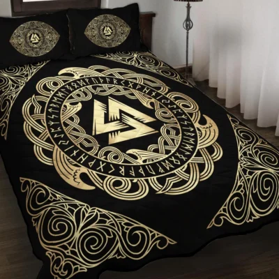 Viking Quilt Bedding Set – Golden Viking Valknut Symbol Prestige Viking Quilt Bedding Set – Golden Viking Valknut Symbol Prestige