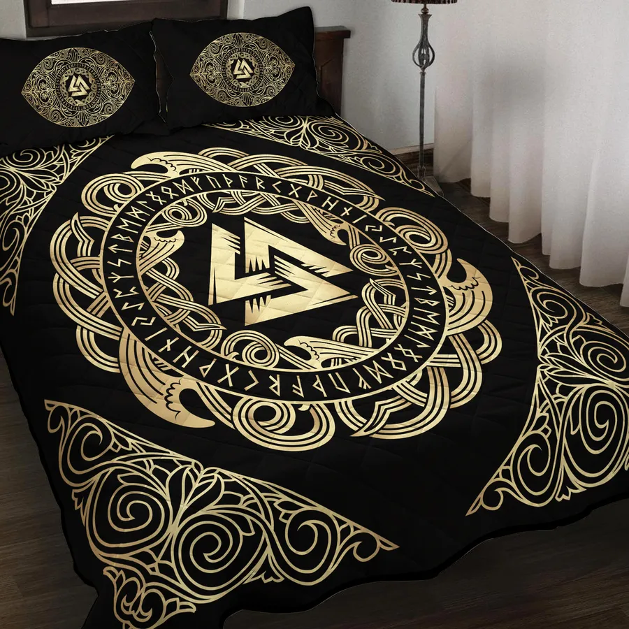Viking Quilt Bedding Set – Golden Viking Valknut Symbol Prestige Viking Quilt Bedding Set – Golden Viking Valknut Symbol Prestige