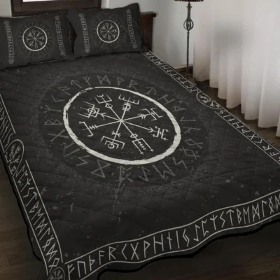 Viking Quilt Bedding Set – Norse Runic Compass Vegvisir Symbol Guidance