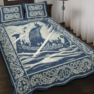 Viking Quilt Bedding Set – Ship Painting Art Saga Style Viking Quilt Bedding Set – Ship Painting Art Saga Style