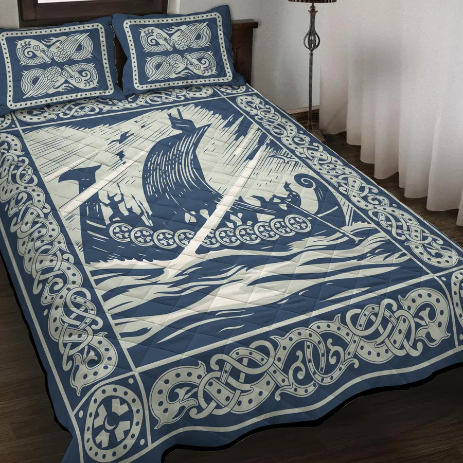 Viking Quilt Bedding Set – Ship Painting Art Saga Style Viking Quilt Bedding Set – Ship Painting Art Saga Style