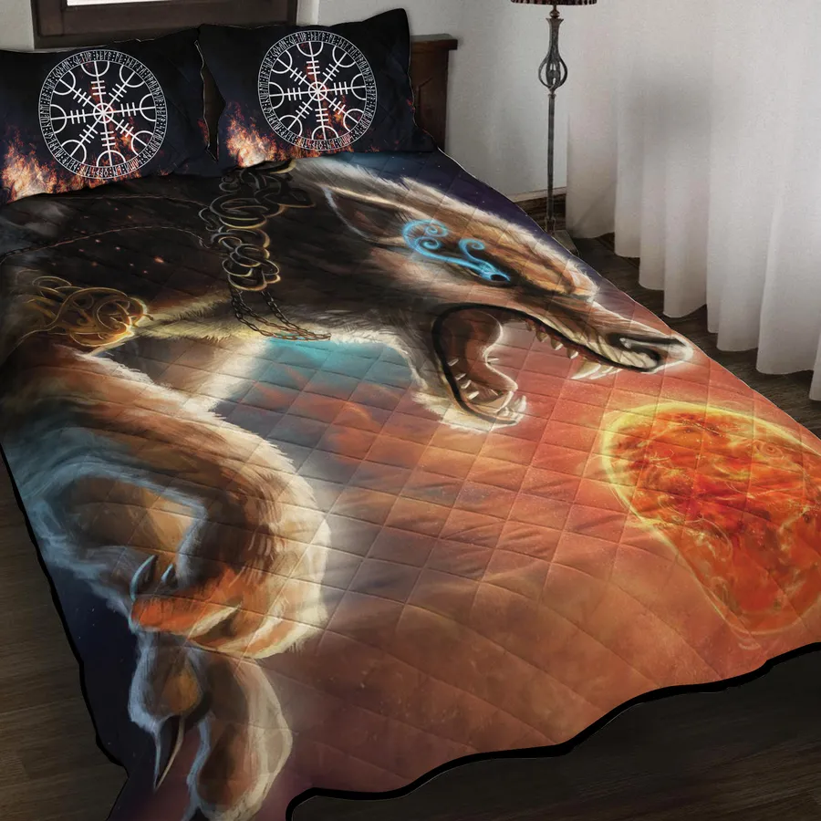 Viking Quilt Bedding Set – Sköll Wolf Chases the Sun Mythic Pursuit Viking Quilt Bedding Set – Sköll Wolf Chases the Sun Mythic Pursuit