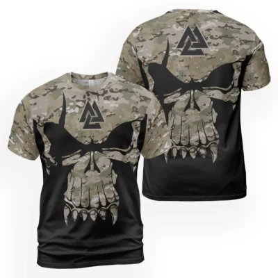 Viking Tee Shirts – Bold Skull T Shirt Mens With Camouflage Pattern Valknut