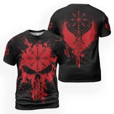 Viking Tees – Powerful Skull On T Shirt With Raven And Viking Compass