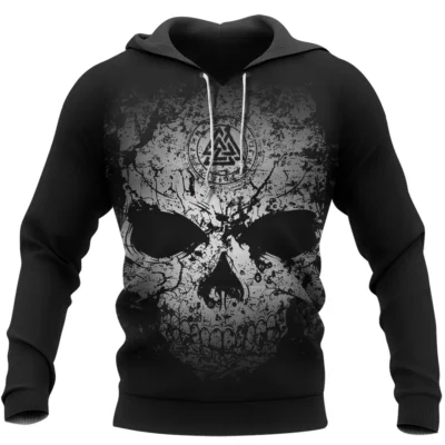 Hoodie Viking – Grunge Dark Skull Hoodie Mens with Valknut