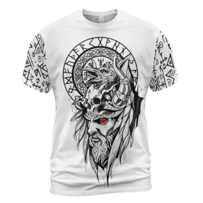 Viking Store Norse T Shirt Featuring Viking Odin, Raven, And Vegvisir Symbol
