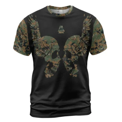 Viking Store Norse T Shirt – Viking Skull Art with Camouflage Pattern