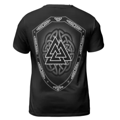 Norse T Shirts – Powerful Celtics T Shirt Featuring Hati And Skoll With Valknut Shield
