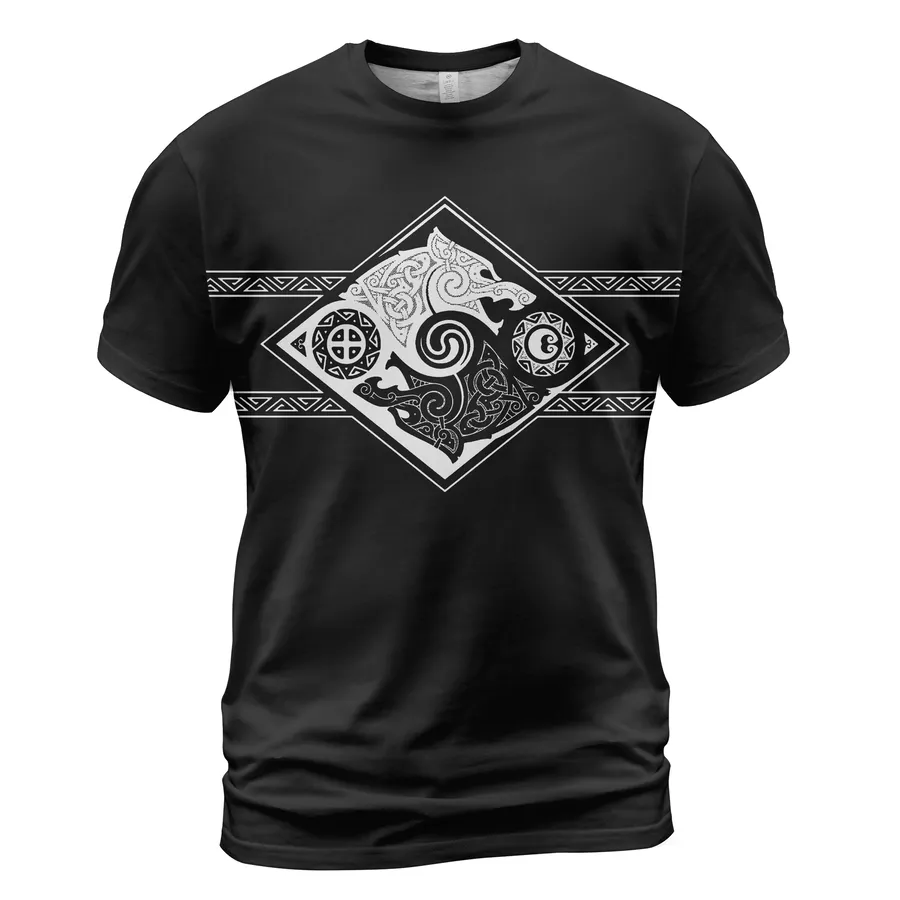 Norse T Shirts – Powerful Celtics T Shirt Featuring Hati And Skoll With Valknut Shield Norse T Shirts – Powerful Celtics T Shirt Featuring Hati And Skoll With Valknut Shield