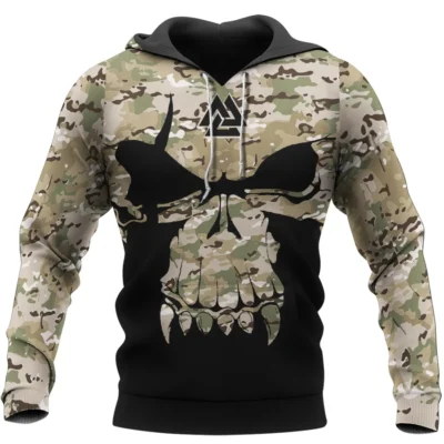 Viking Hoodie – Skull Hoodie With Camouflage Pattern, Skull Warrior And Valknut Symbol