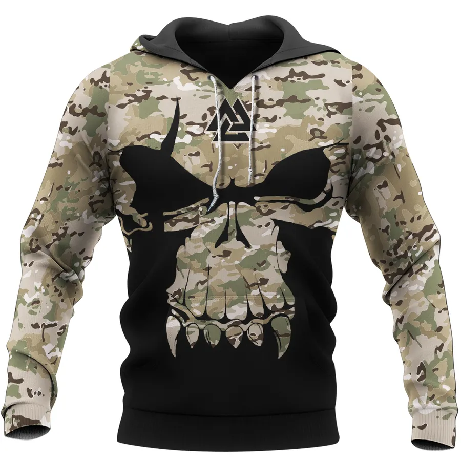 Viking Hoodie – Skull Hoodie With Camouflage Pattern, Skull Warrior And Valknut Symbol Viking Hoodie – Skull Hoodie With Camouflage Pattern, Skull Warrior And Valknut Symbol
