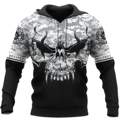 Viking Hoodie – Viking Skull Drawing with Camouflage Pattern