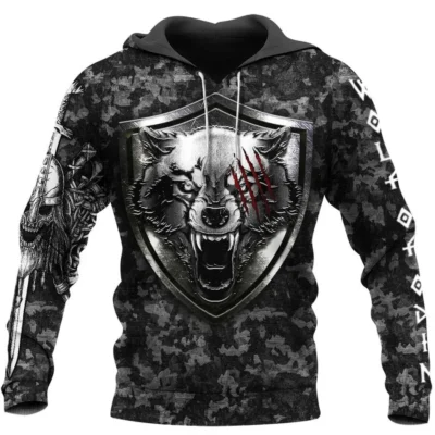 Viking Hoodies – Camo Wolf Hoodies – Mjolnir Art Thunder Style