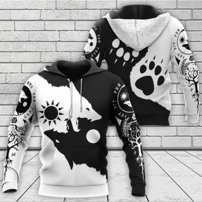 Viking Hoodie Yin Yang Geri and Freki Wolves Of Odin Front