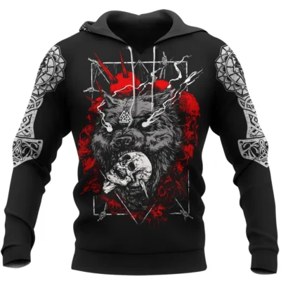 Viking Hoodies – Norse Wolf Design with Skull Fierce Fusion