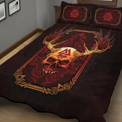 Viking Quilt Bedding Set – Abstract Red Viking Skull Art Bold Design