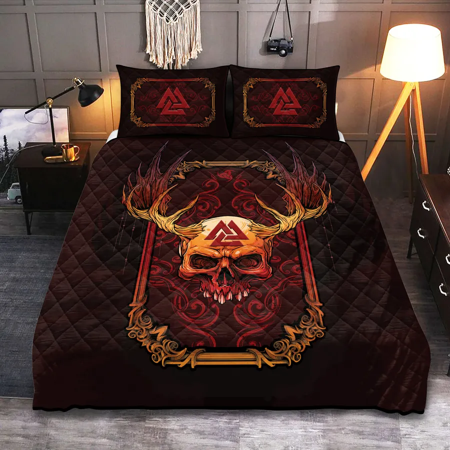 Viking Quilt Bedding Set – Abstract Red Viking Skull Art Bold Design Viking Quilt Bedding Set – Abstract Red Viking Skull Art Bold Design