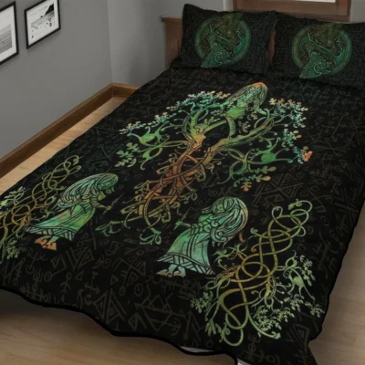 Viking Quilt Bedding Set – Art Tree of Life – Norse Raven Wisdom