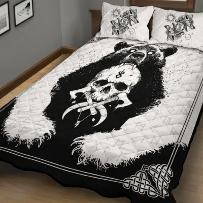 Viking Quilt Bedding Set – Bear Skull Berserker Art Savage Legacy