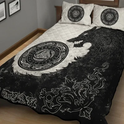 Viking Quilt Bedding Set – Black Viking Wolf Symbol Fierce Power