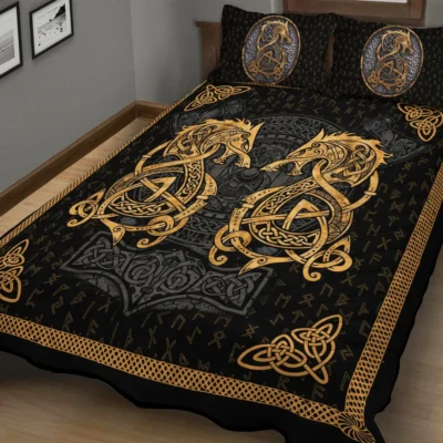 Viking Quilt Bedding Set – Celtic Norse Wolf Art Primal Heritage