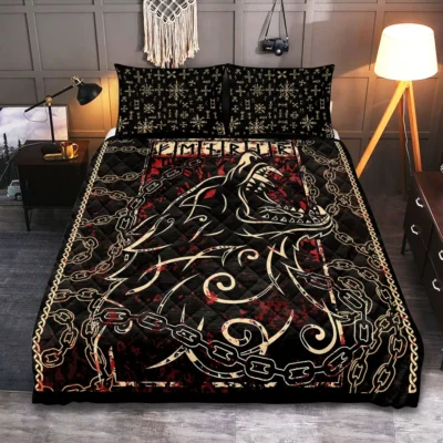 Viking Quilt Bedding Set – Fenrir Rune Untamed Strength