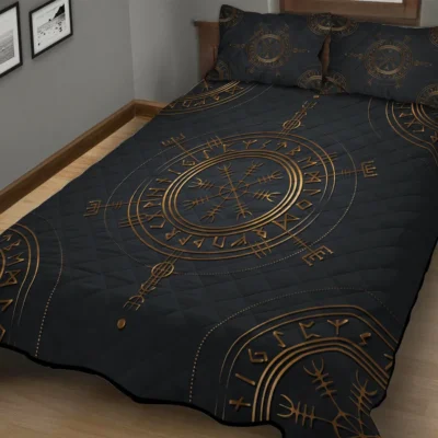 Viking Quilt Bedding Set – Golden Vegvisir Viking Compass Guiding Light