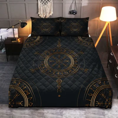 Viking Quilt Bedding Set – Golden Vegvisir Viking Compass Guiding Light