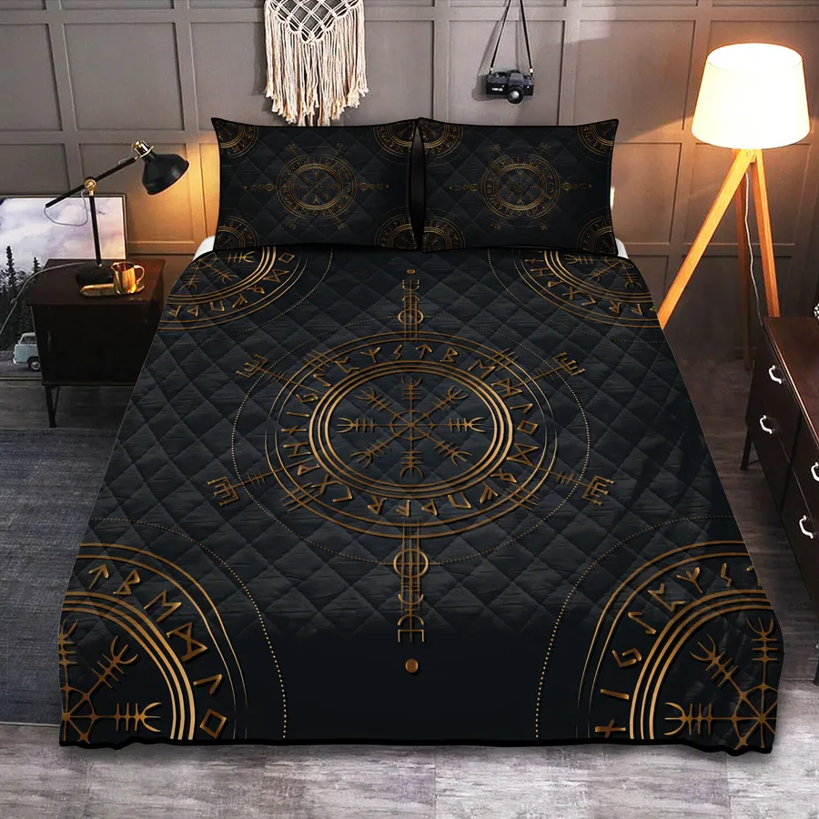 Viking Quilt Bedding Set – Golden Vegvisir Viking Compass Guiding Light Viking Quilt Bedding Set – Golden Vegvisir Viking Compass Guiding Light