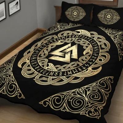 Viking Quilt Bedding Set – Golden Viking Valknut Symbol Prestige