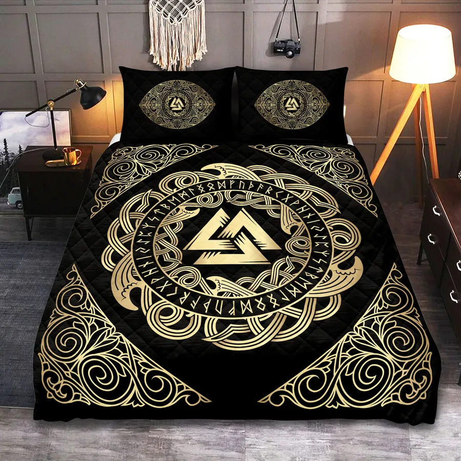Viking Quilt Bedding Set – Golden Viking Valknut Symbol Prestige Viking Quilt Bedding Set – Golden Viking Valknut Symbol Prestige