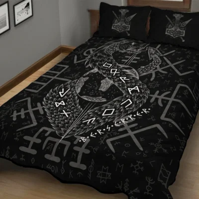 Viking Quilt Bedding Set – Jormungandr Rune Serpent Power Design Viking Quilt Bedding Set – Jormungandr Rune Serpent Power Design