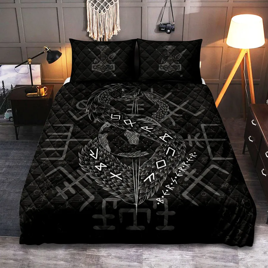 Viking Quilt Bedding Set – Jormungandr Rune Serpent Power Design Viking Quilt Bedding Set – Jormungandr Rune Serpent Power Design