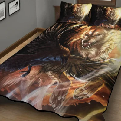 Viking Quilt Bedding Set – Norse Raven and Wolf United Spirit