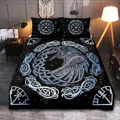 Viking Quilt Bedding Set – Norse Raven Design Legendary Wisdom