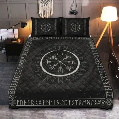 Viking Quilt Bedding Set – Norse Runic Compass Vegvisir Symbol Guidance
