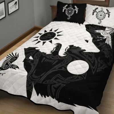 Viking Quilt Bedding Set - Norse Wolf Art Epic Night Style