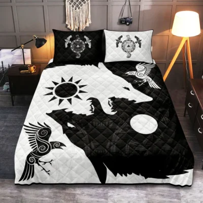 Viking Quilt Bedding Set - Norse Wolf Art Epic Night Style
