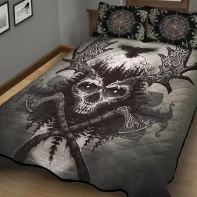 Viking Quilt Bedding Set – Raven Axe Skull Art Epic Fusion