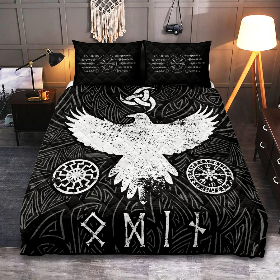 Viking Quilt Bedding Set – Raven Symbol Norse Mythic Design Viking Quilt Bedding Set – Raven Symbol Norse Mythic Design