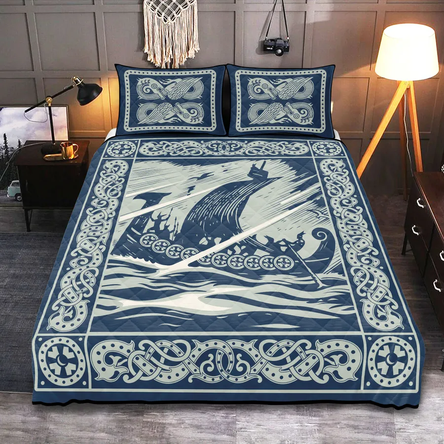 Viking Quilt Bedding Set – Ship Painting Art Saga Style Viking Quilt Bedding Set – Ship Painting Art Saga Style