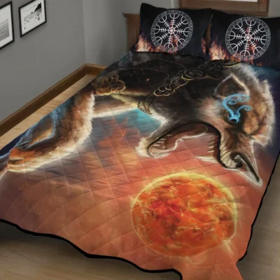 Viking Quilt Bedding Set – Sköll Wolf Chases the Sun Mythic Pursuit